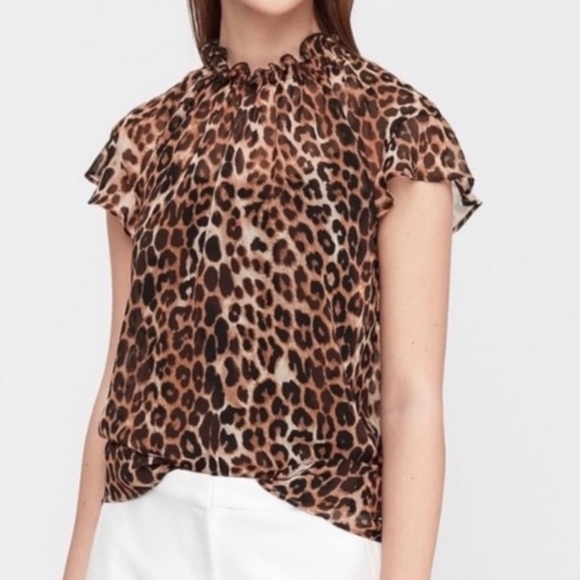 Express Tops - Express mock neck sheer leopard print short sleeve blouse top brown black S